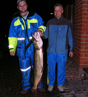 Hauki 13,205 kg, Kokemenjoki, Kilpikoski 21.10.2006. Kalastajat Antti Ala-Pappila ja Timo Ollila.